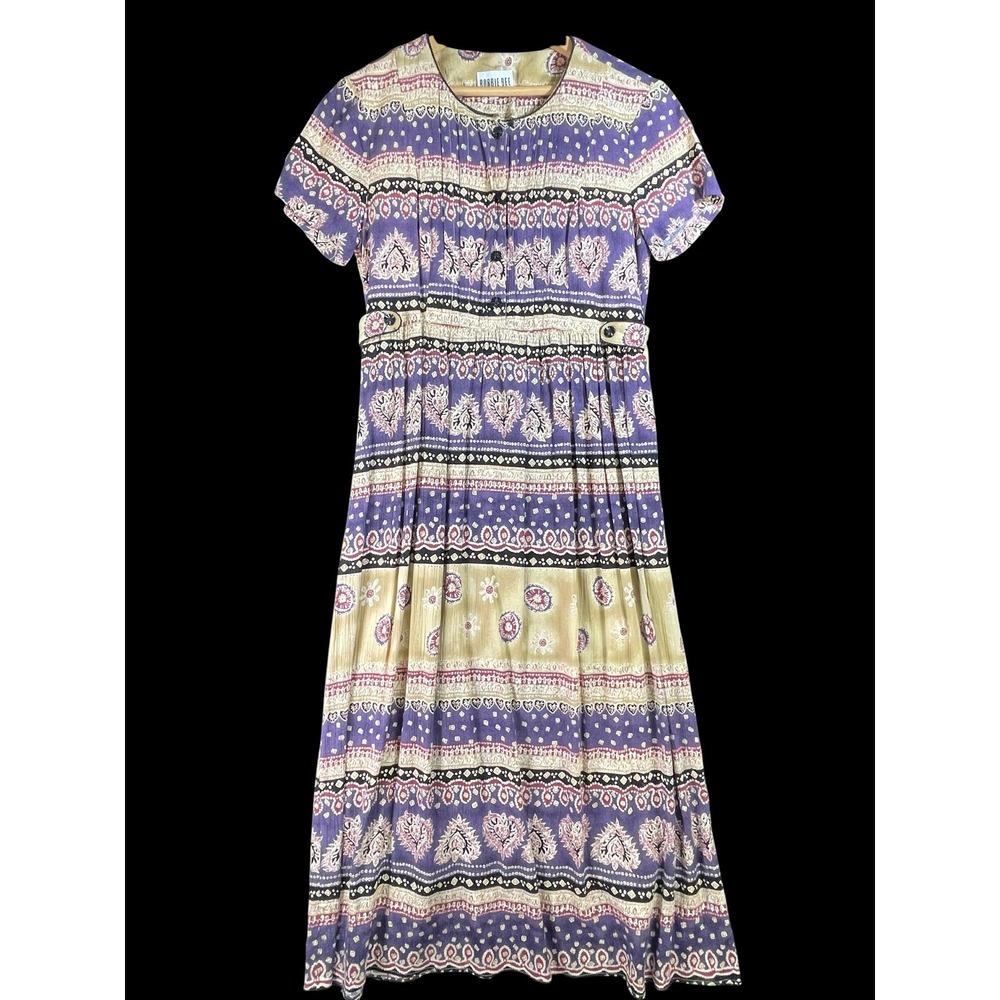Vintage 90s Robbie Bee Purple Paisley Floral Maxi Dress Border Print Tie Back 8